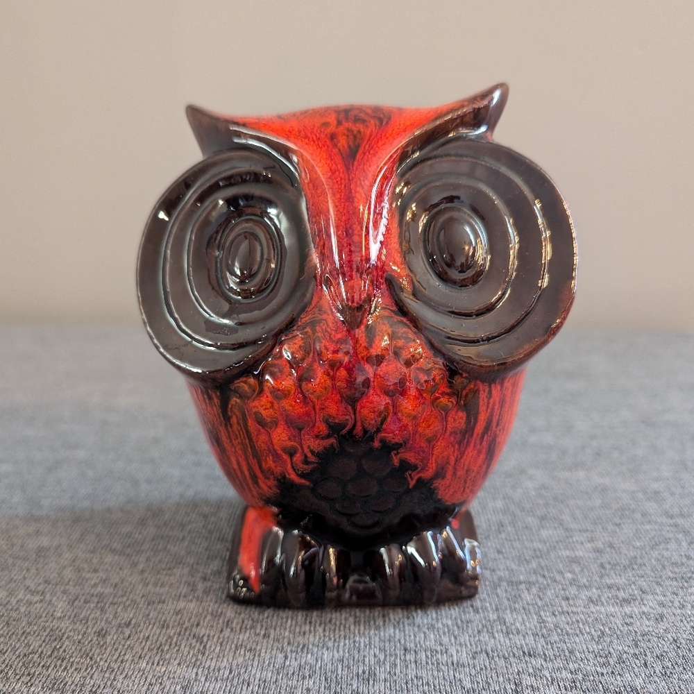 Canuck Pottery, Orange/Red and Black Owl Bank, Evangeline Glaze